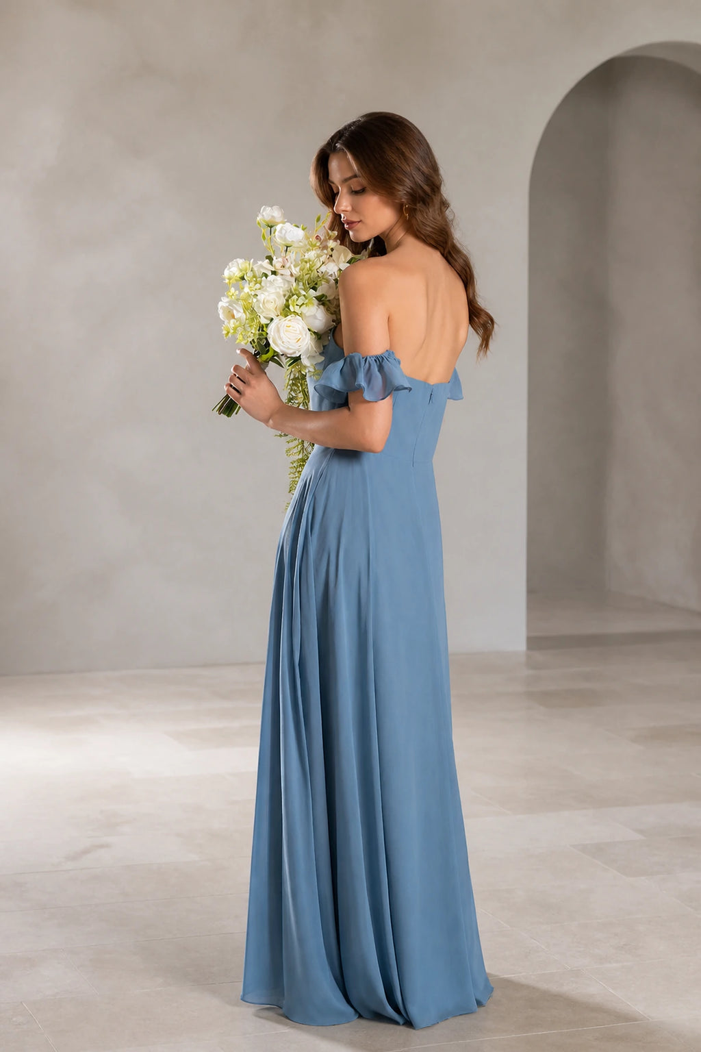 Romantic A Line Straight Neck Ruffle Sleeve Zip Back Floor Length Prom Dress