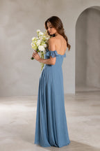 Romantic A Line Straight Neck Ruffle Sleeve Zip Back Floor Length Prom Dress