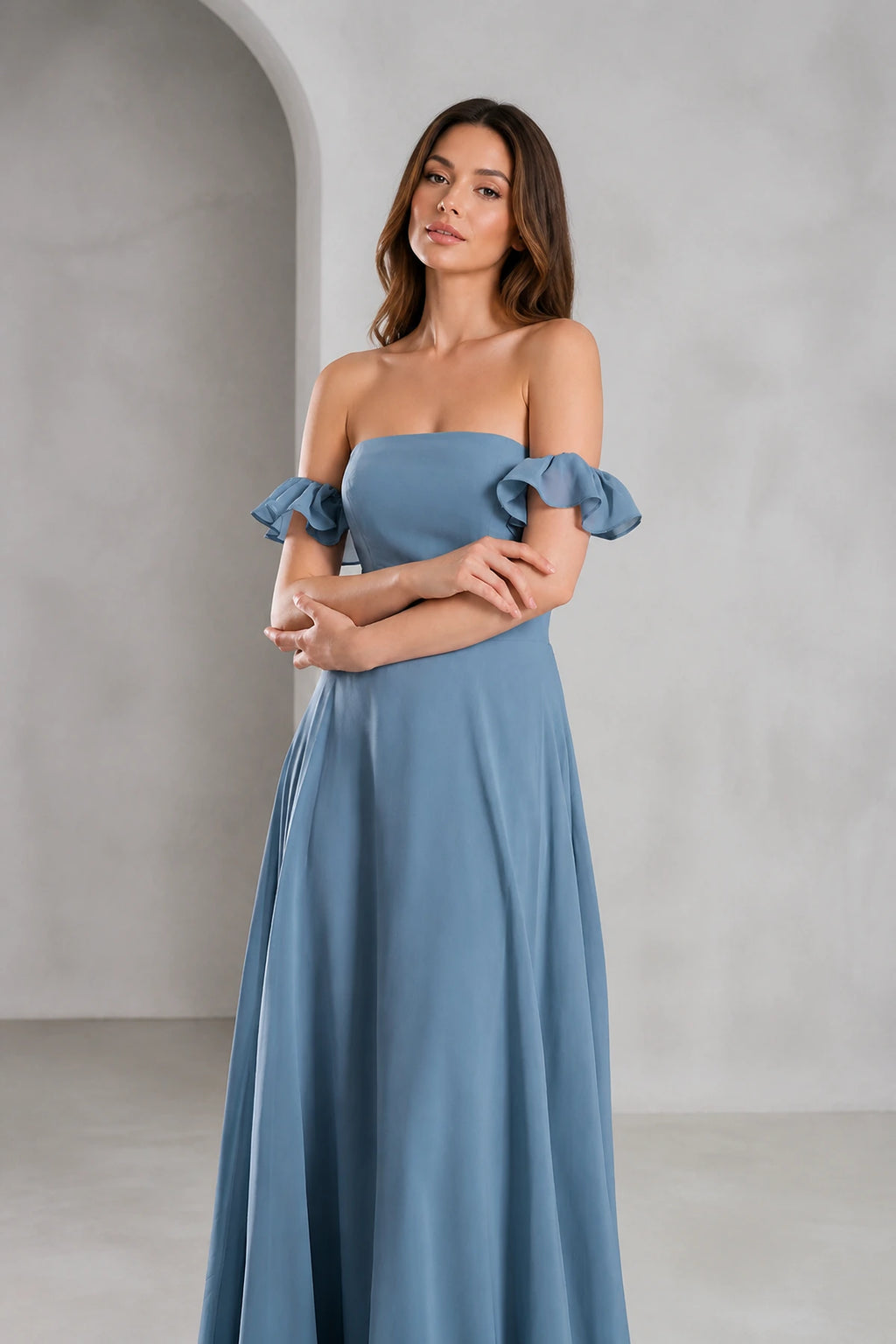 Romantic A Line Straight Neck Ruffle Sleeve Zip Back Floor Length Prom Dress