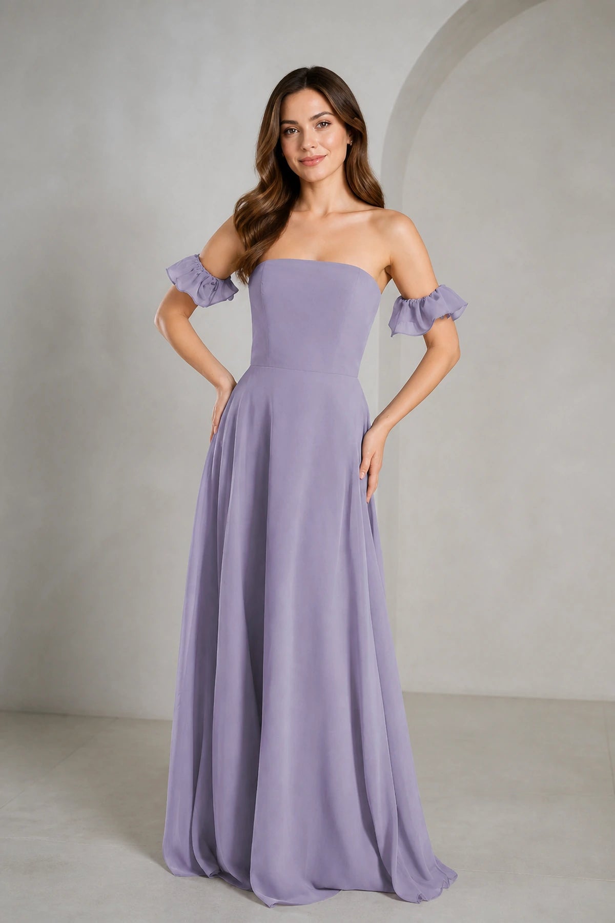 Romantic A Line Straight Neck Ruffle Sleeve Zip Back Floor Length Prom Dress