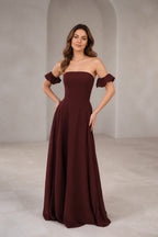 Romantic A Line Straight Neck Ruffle Sleeve Zip Back Floor Length Prom Dress