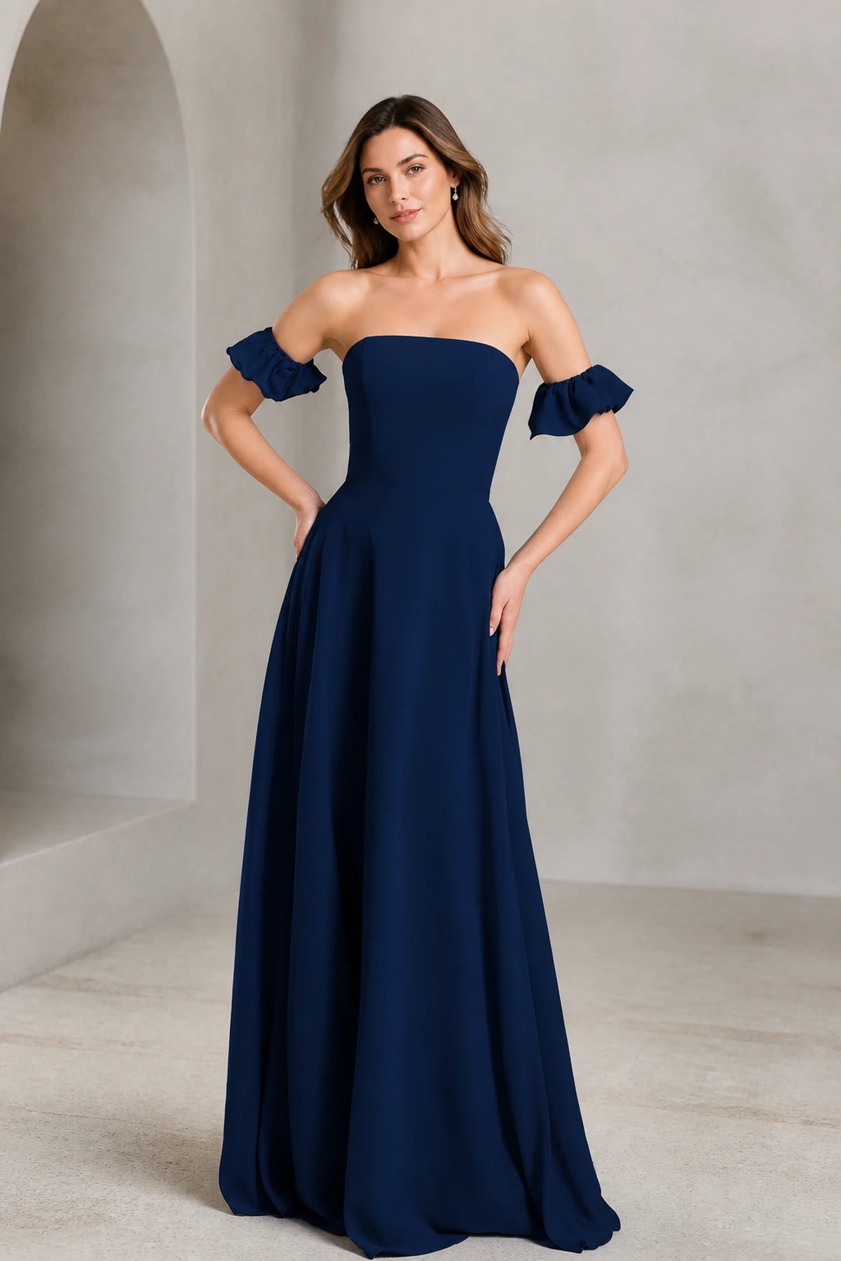Romantic A Line Straight Neck Ruffle Sleeve Zip Back Floor Length Prom Dress