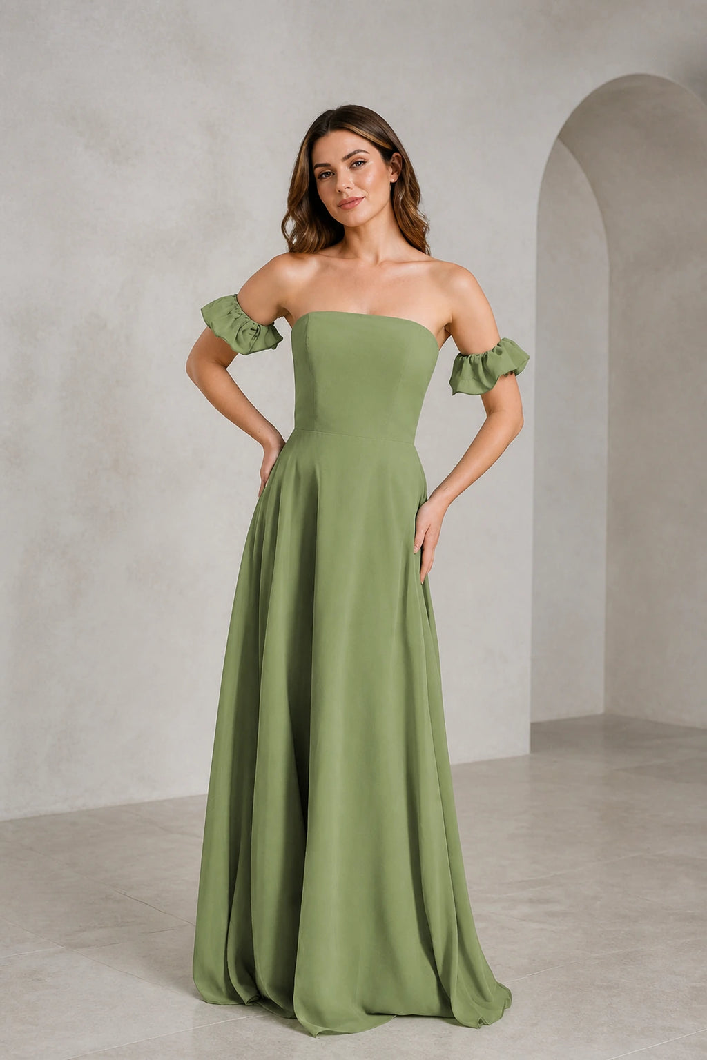 Romantic A Line Straight Neck Ruffle Sleeve Zip Back Floor Length Prom Dress