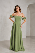 Romantic A Line Straight Neck Ruffle Sleeve Zip Back Floor Length Prom Dress