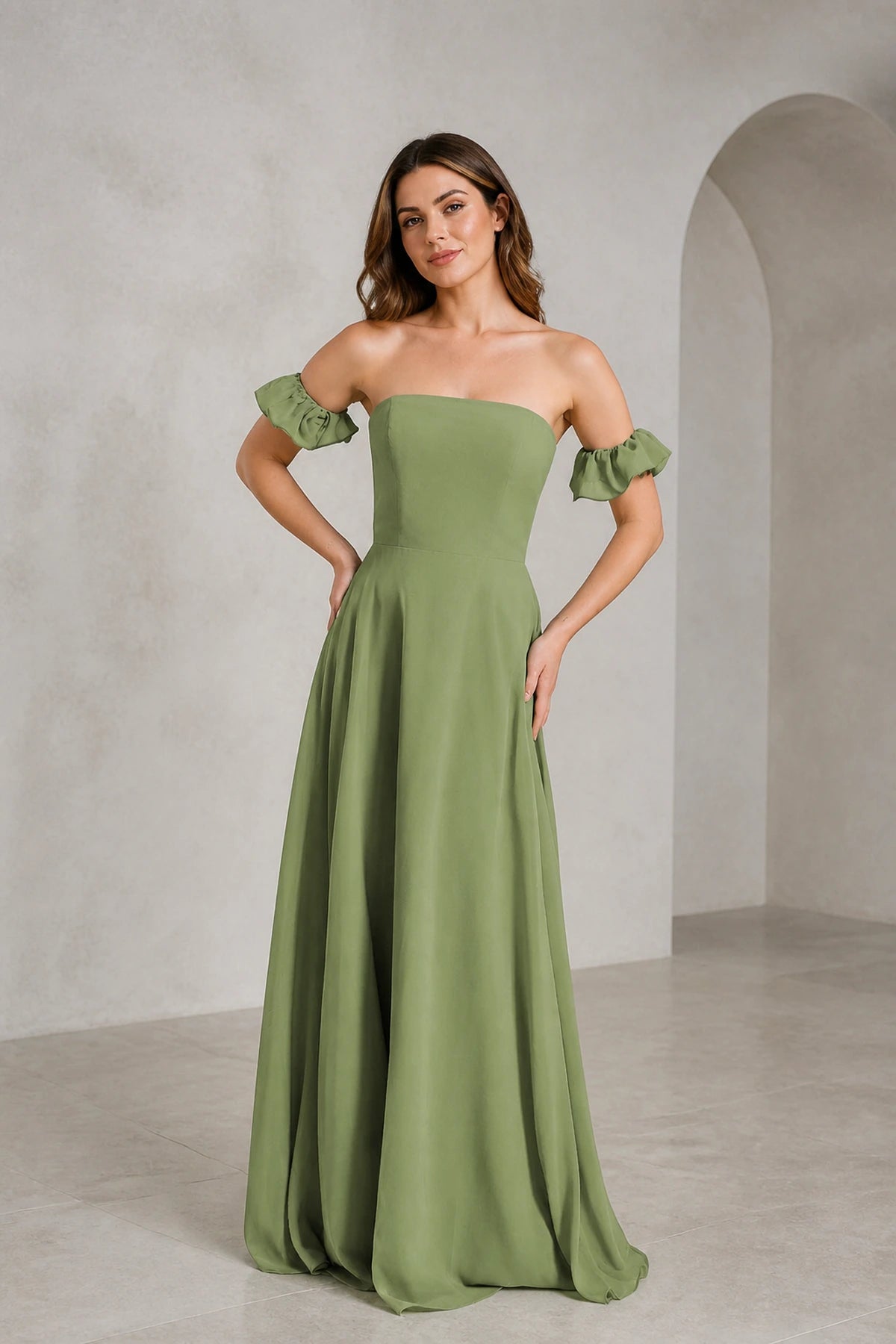 Romantic A Line Straight Neck Ruffle Sleeve Zip Back Floor Length Prom Dress