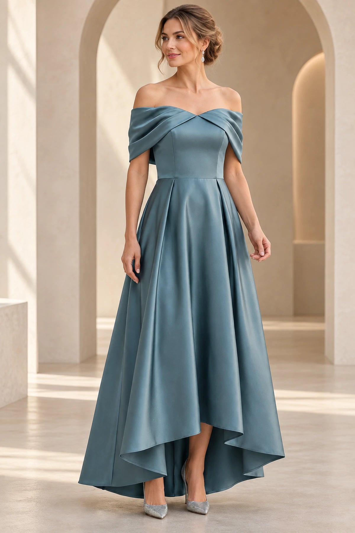 Dusty blue Mother of the Bride Dress with off-shoulder neckline, fitted bodice and flowing high-low A-line skirt
