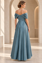 Back view of dusty blue Mother of the Bride Dress with draped off-shoulder neckline, center zipper and long flowing skirt