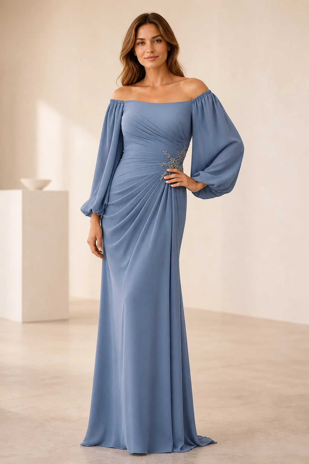 Dusty blue off shoulder mother of the bride dress with long bishop sleeves, ruched waist, side embellishment and floor-length silhouette, front and back view