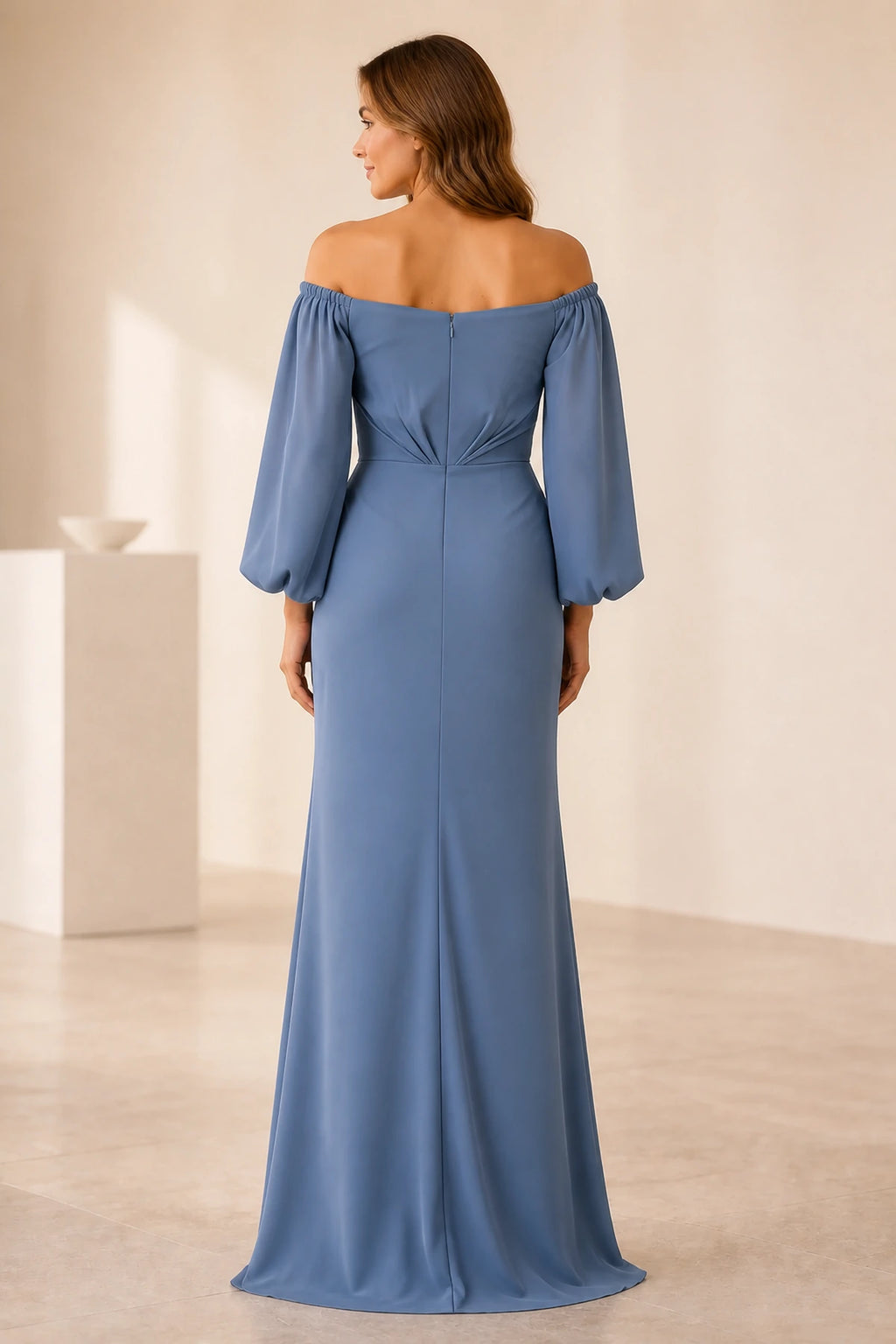 Dusty blue off shoulder mother of the bride dress with long bishop sleeves, ruched waist, side embellishment and floor-length silhouette, front and back view