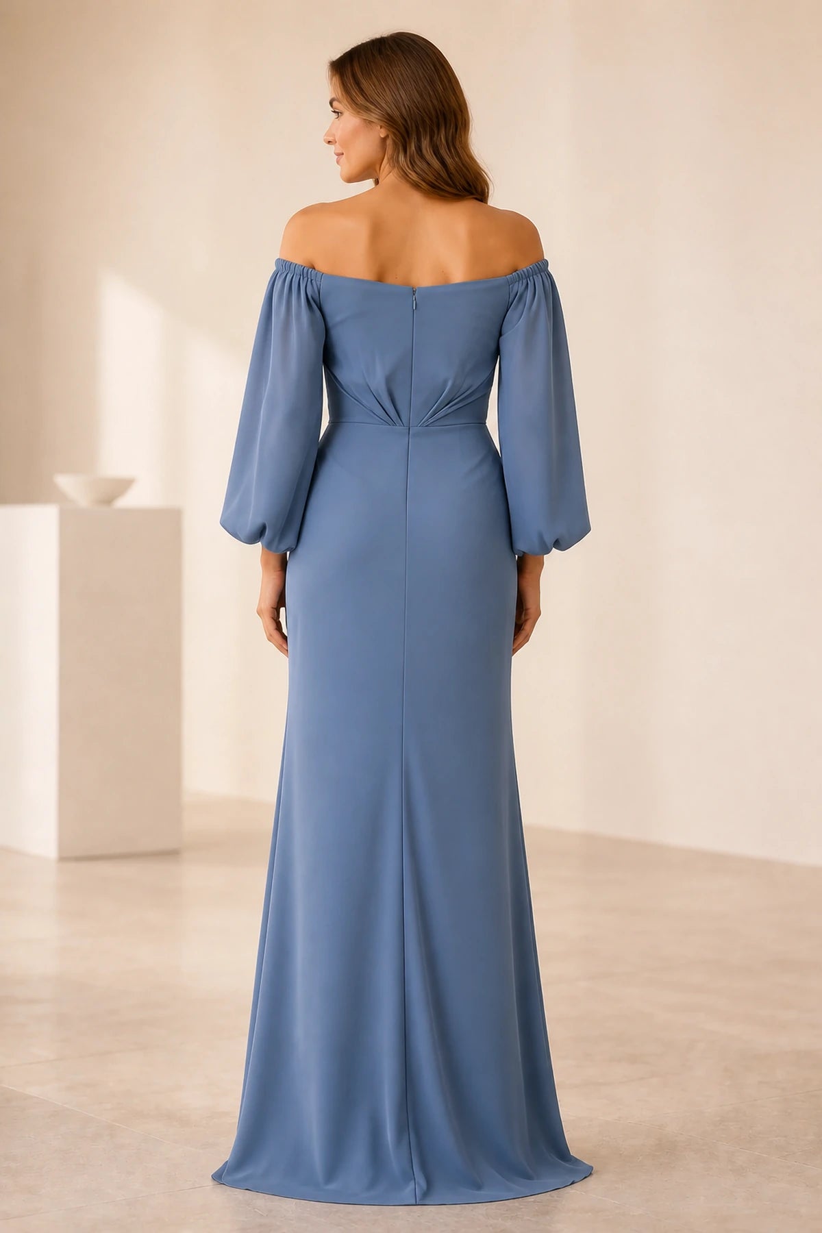 Dusty blue off shoulder mother of the bride dress with long bishop sleeves, ruched waist, side embellishment and floor-length silhouette, front and back view
