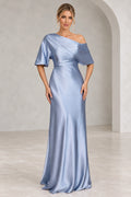 Dusty blue one shoulder mother of bride dress with short sleeves and floor length sheath silhouette