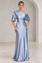 Dusty blue one shoulder mother of bride dress with short sleeves and floor length sheath silhouette