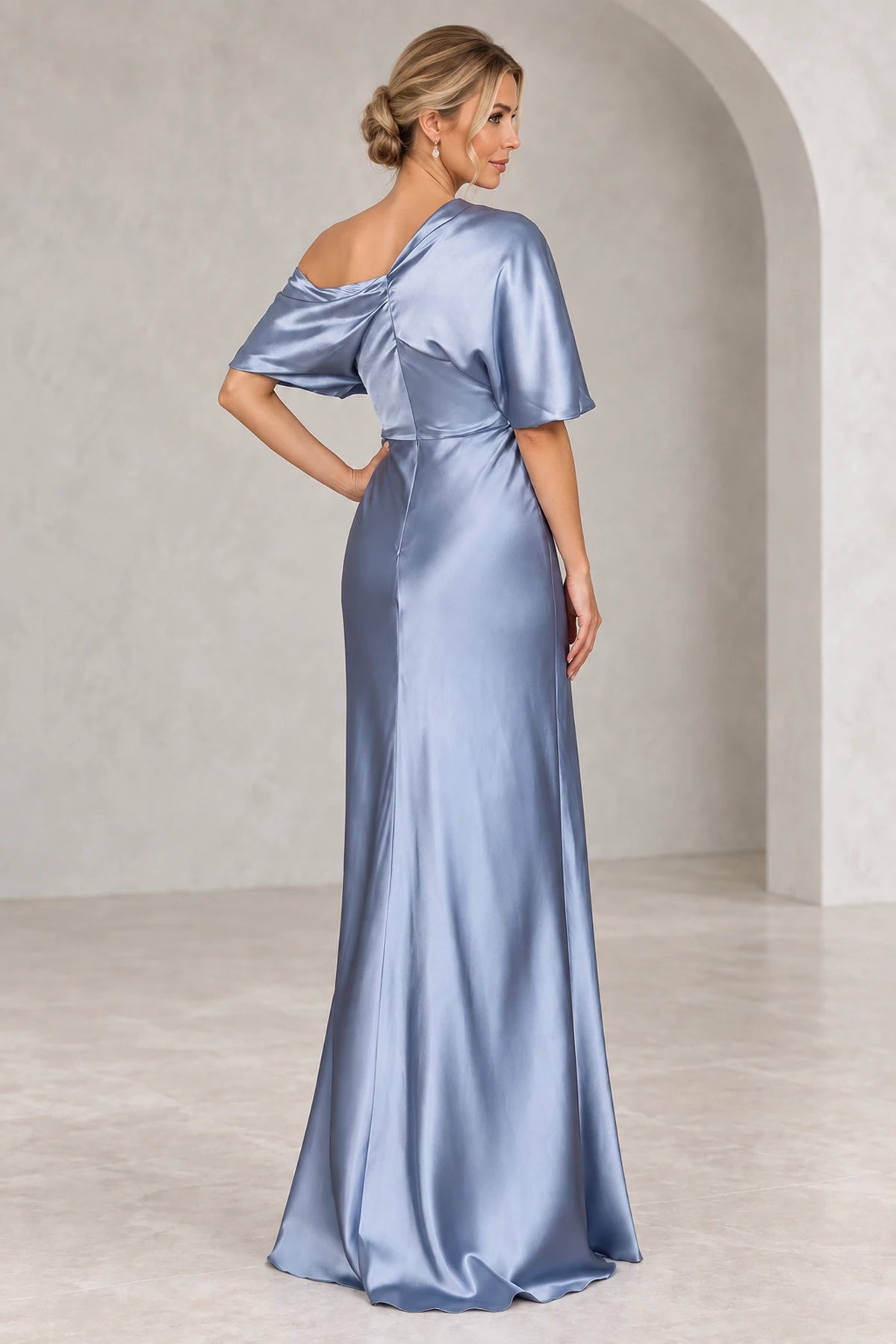 Dusty blue mother of bride dress with asymmetric draped back and elegant long sheath skirt