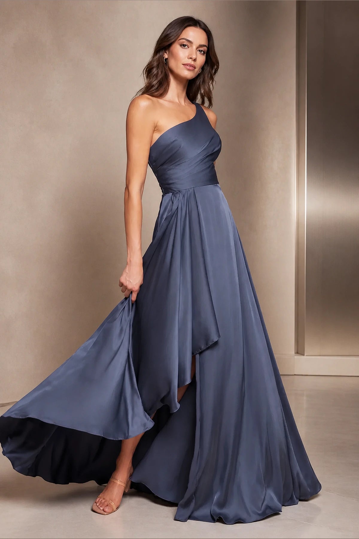 Dusty blue one shoulder A-line long prom dress with layered high-low skirt and open back by Vedress