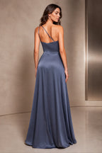 Dusty blue one shoulder A-line long prom dress with layered high-low skirt and open back by Vedress
