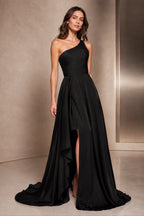 Refined A-Line One Shoulder Sleeveless Open Back Long Prom Dress