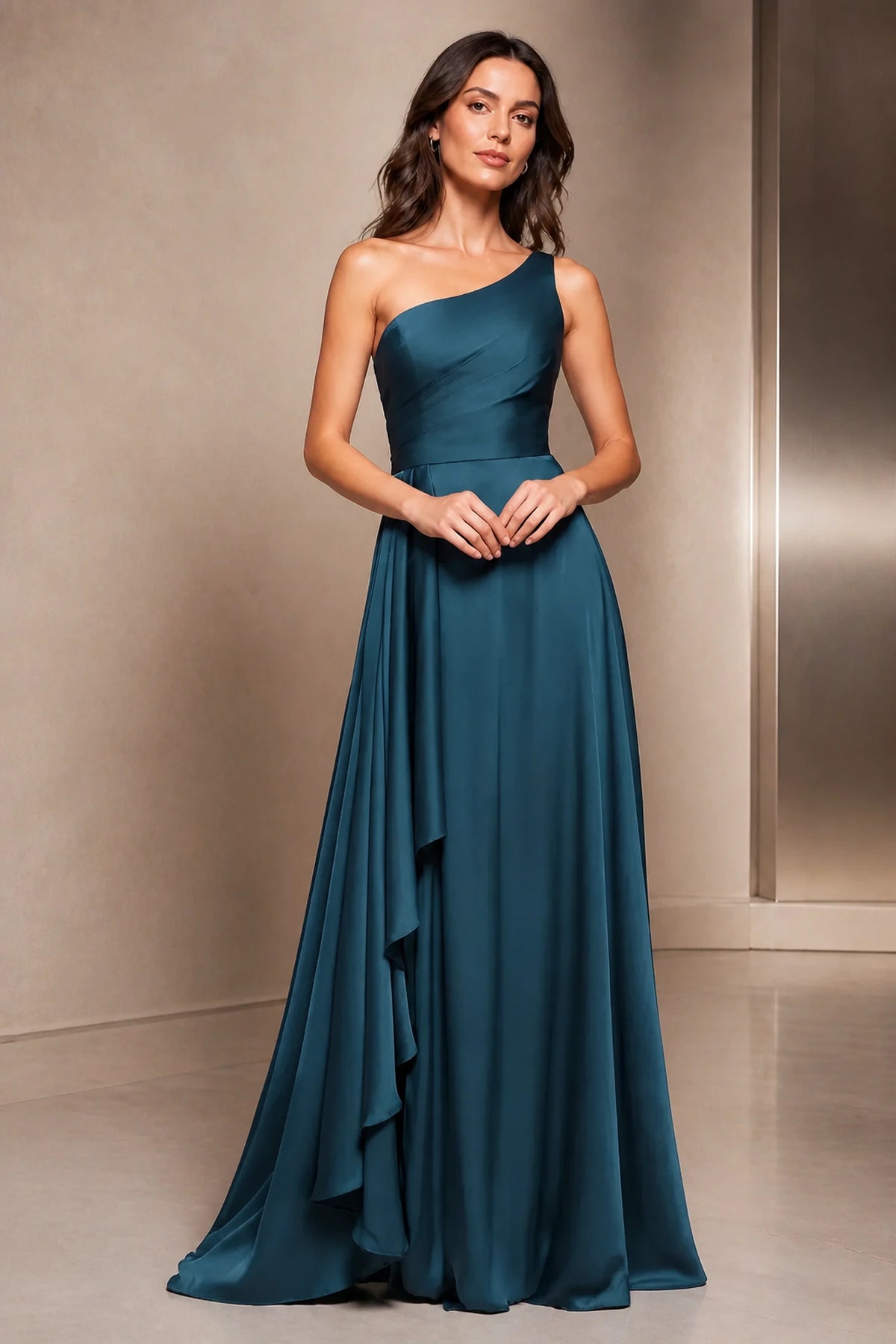 Refined A-Line One Shoulder Sleeveless Open Back Long Prom Dress