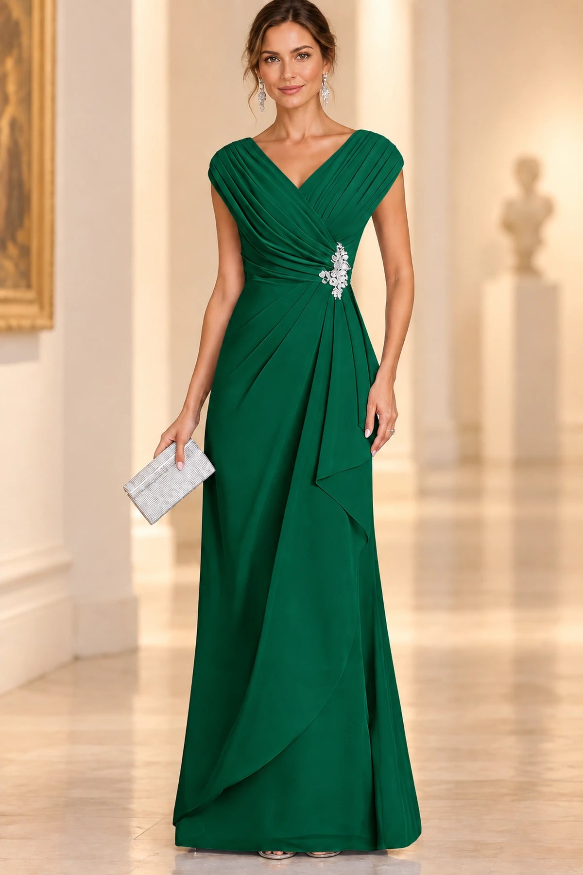 Graceful A-Line V-Neck Sleeveless Draped Back Floor-Length Mother of the Bride Dress