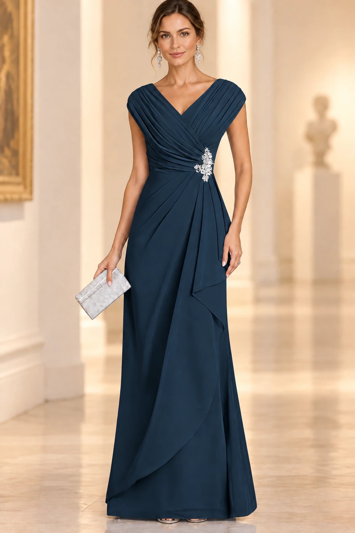 Graceful A-Line V-Neck Sleeveless Draped Back Floor-Length Mother of the Bride Dress
