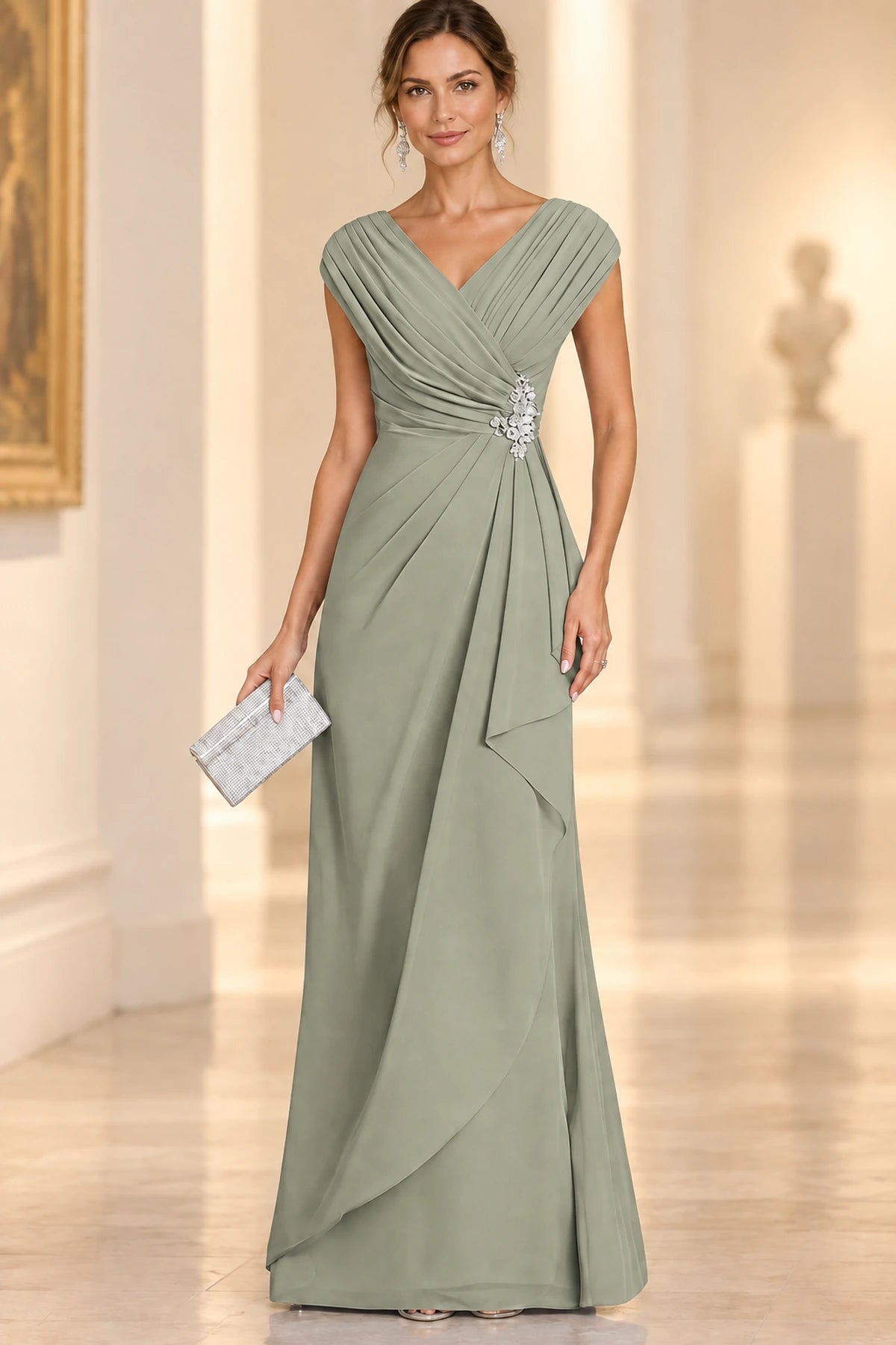 Graceful A-Line V-Neck Sleeveless Draped Back Floor-Length Mother of the Bride Dress