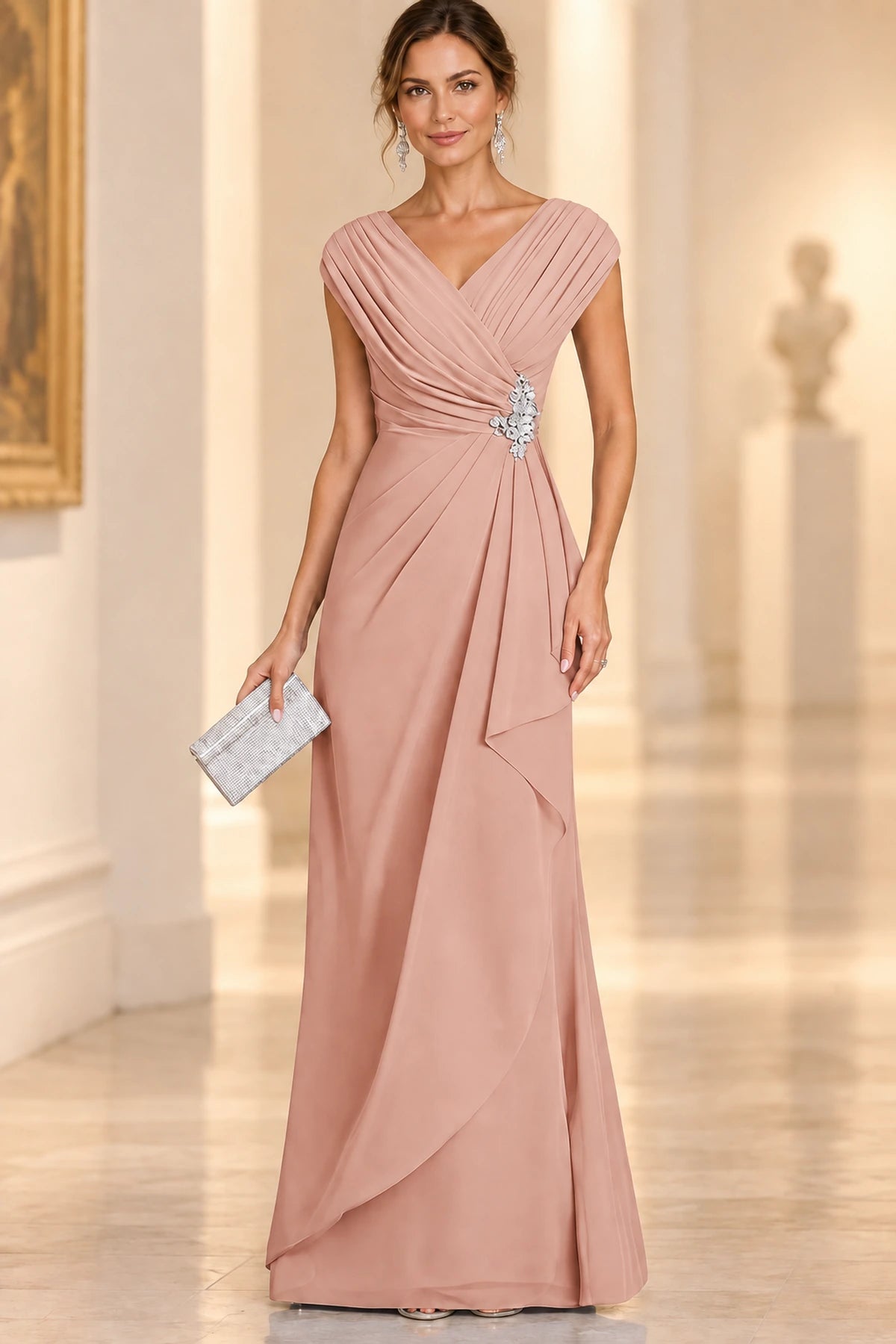 Graceful A-Line V-Neck Sleeveless Draped Back Floor-Length Mother of the Bride Dress