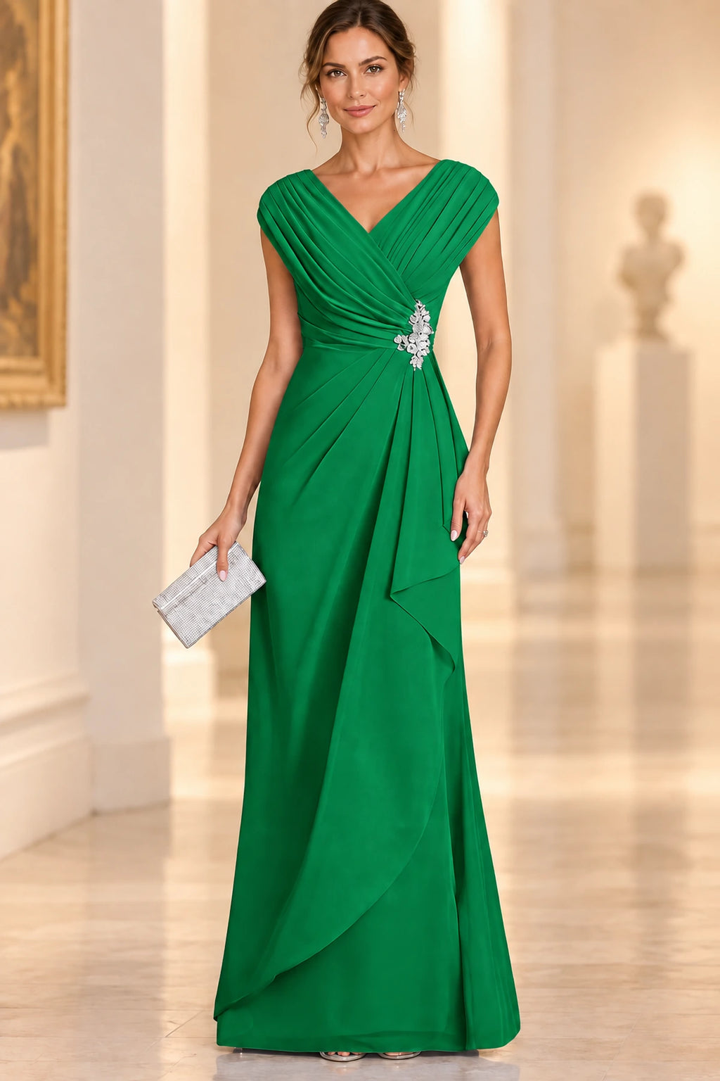 Graceful A-Line V-Neck Sleeveless Draped Back Floor-Length Mother of the Bride Dress