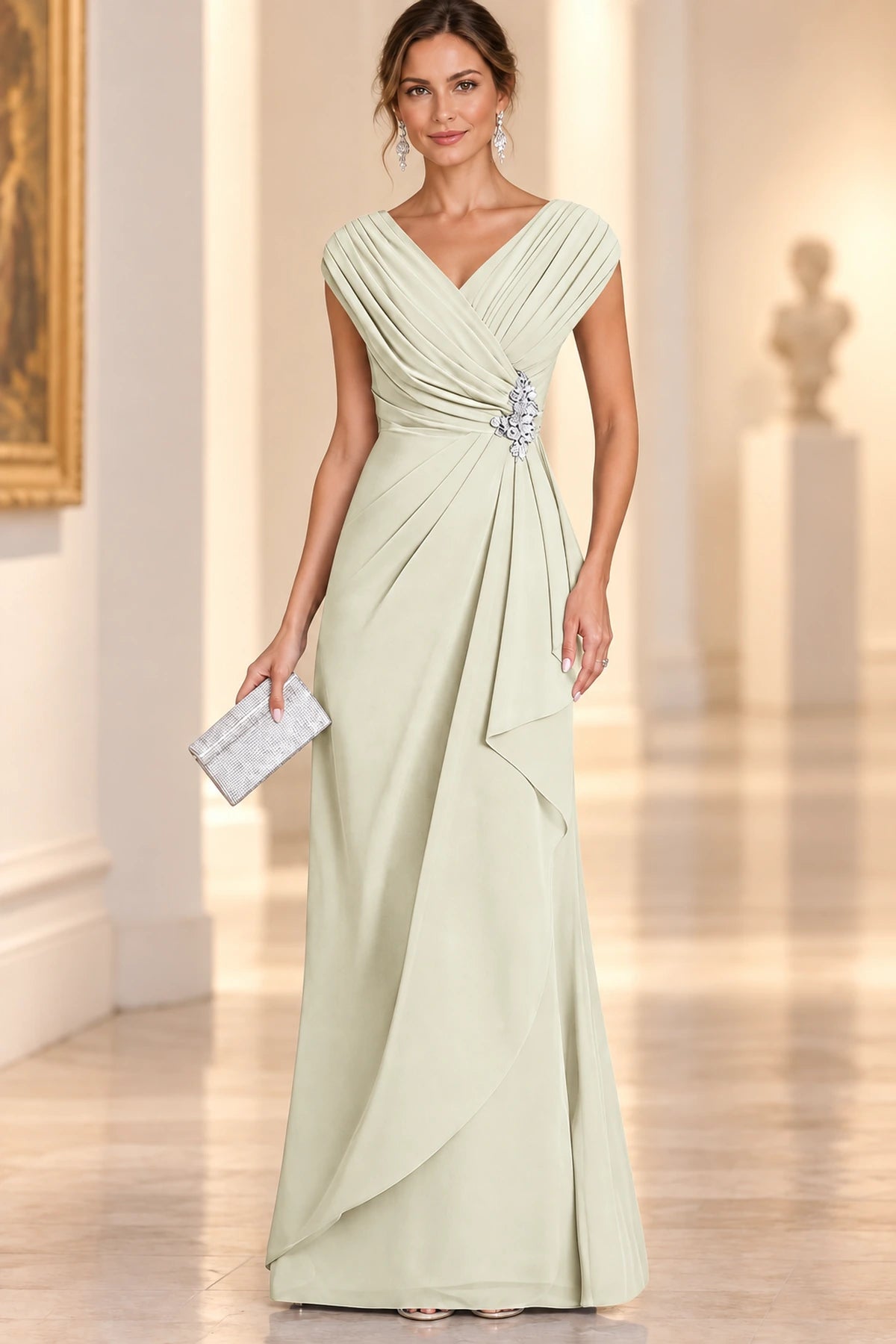 Graceful A-Line V-Neck Sleeveless Draped Back Floor-Length Mother of the Bride Dress