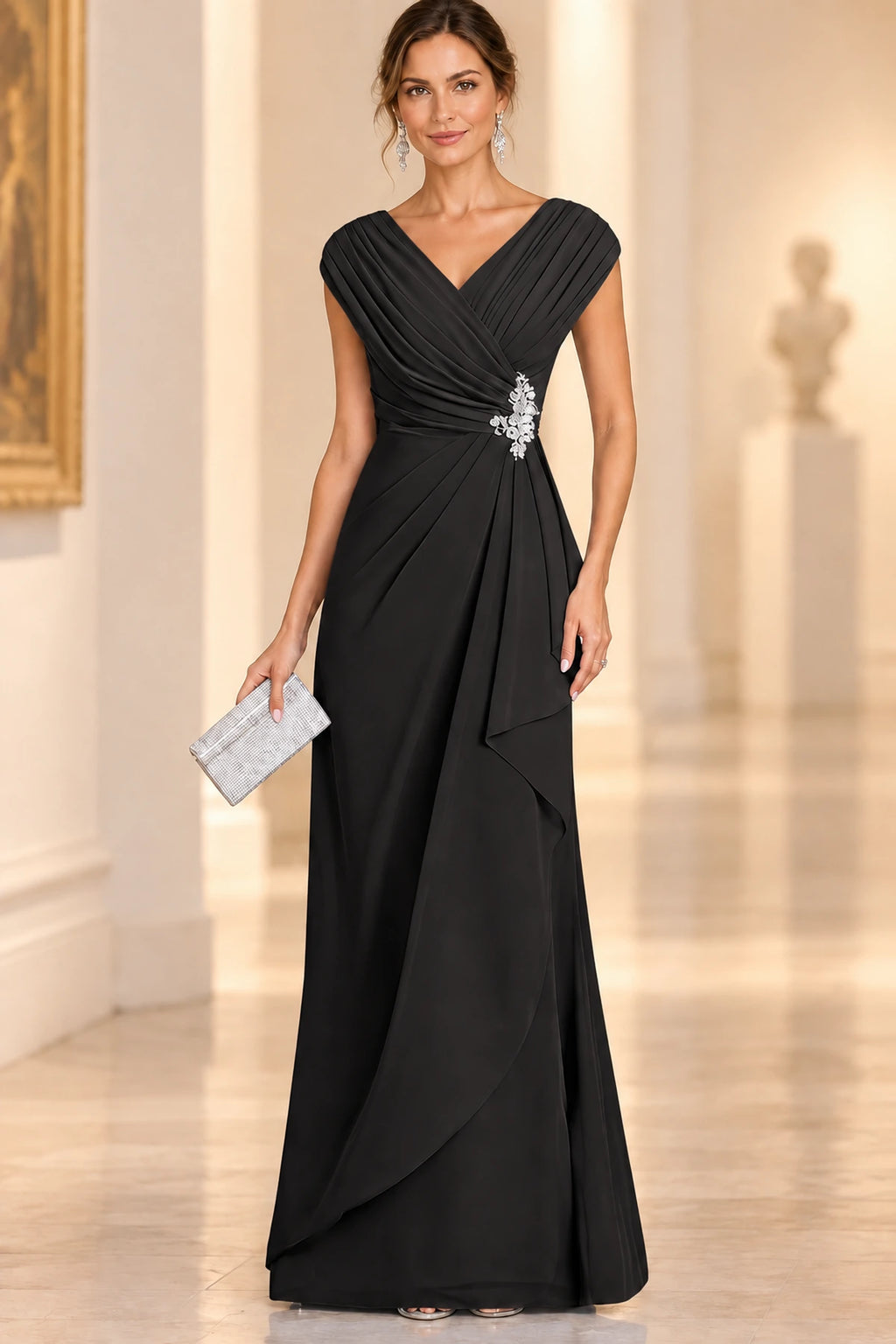 Graceful A-Line V-Neck Sleeveless Draped Back Floor-Length Mother of the Bride Dress