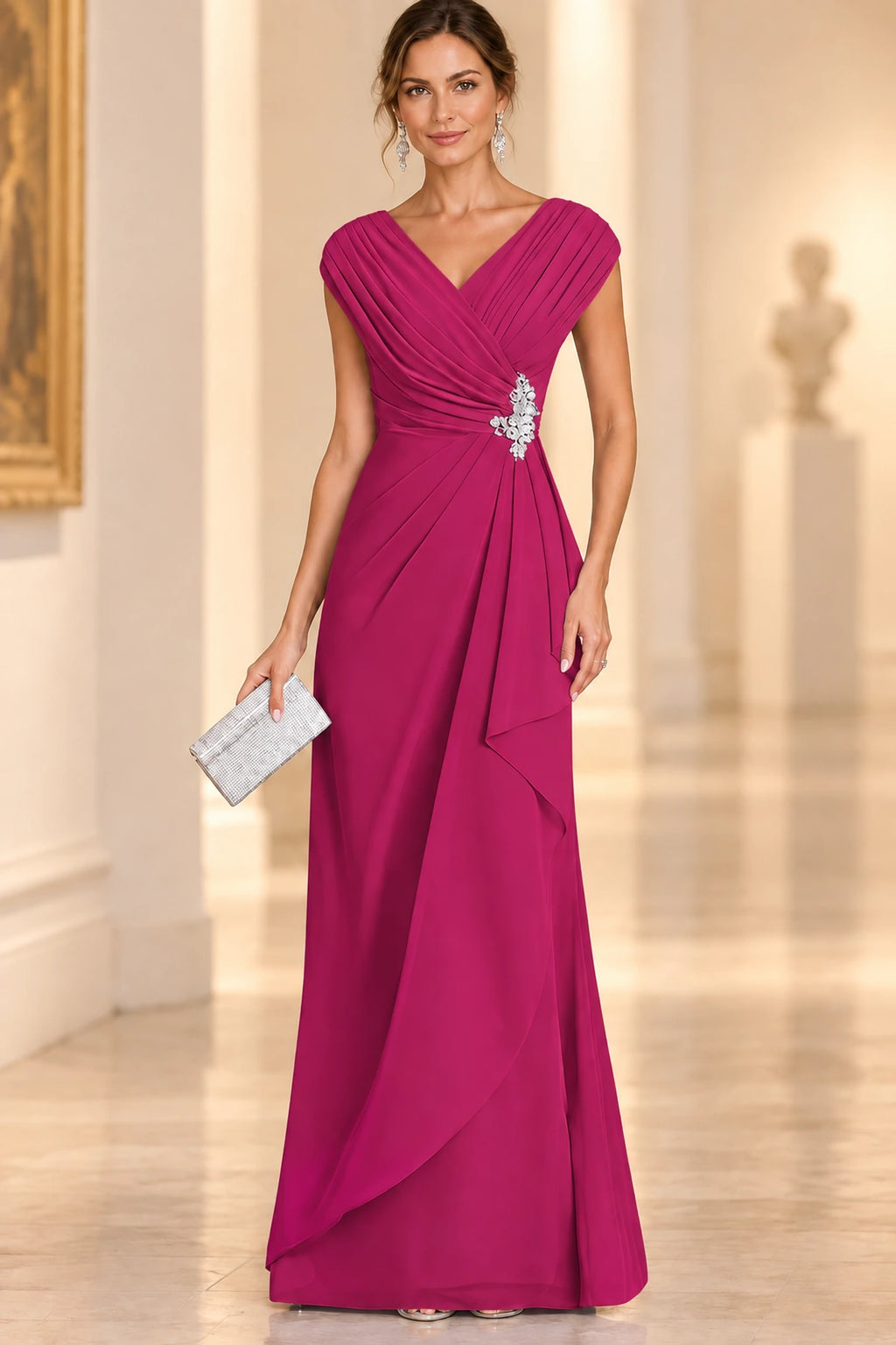 Graceful A-Line V-Neck Sleeveless Draped Back Floor-Length Mother of the Bride Dress