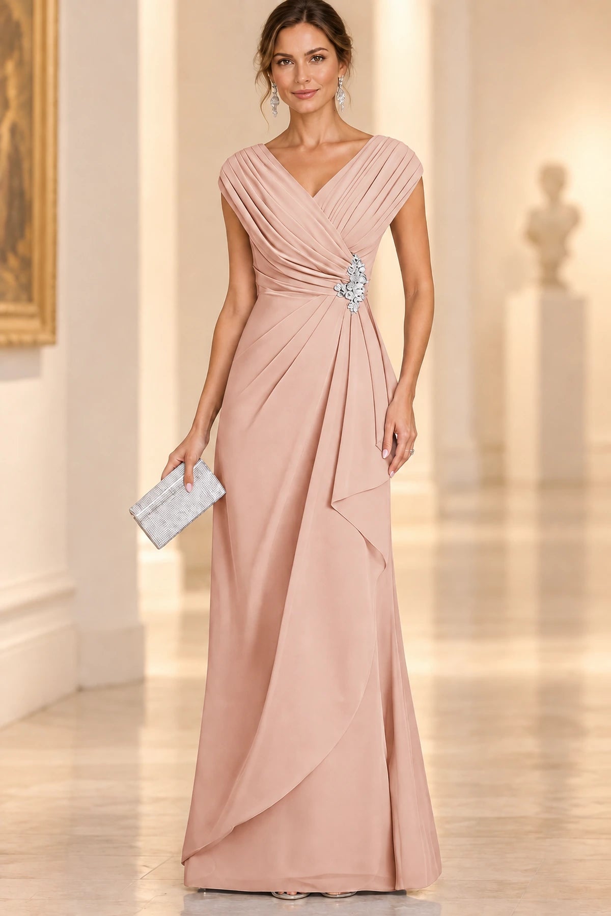 Graceful A-Line V-Neck Sleeveless Draped Back Floor-Length Mother of the Bride Dress