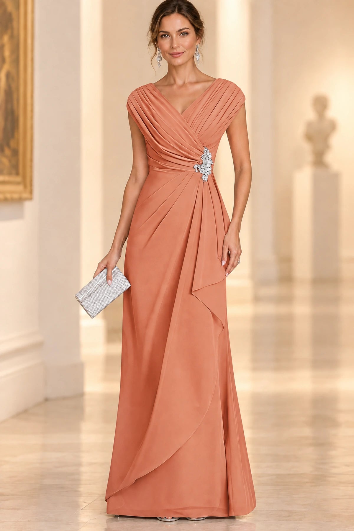 Graceful A-Line V-Neck Sleeveless Draped Back Floor-Length Mother of the Bride Dress