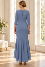 Dusty blue mother of the bride dress with keyhole back zipper closure and flowing A line skirt