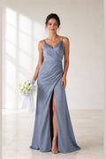 Dusty blue V-neck spaghetti strap long bridesmaid dress with ruched waist, front slit and zip back, front and back view by Vedress