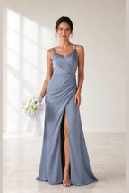Dusty blue V-neck spaghetti strap long bridesmaid dress with ruched waist, front slit and zip back, front and back view by Vedress