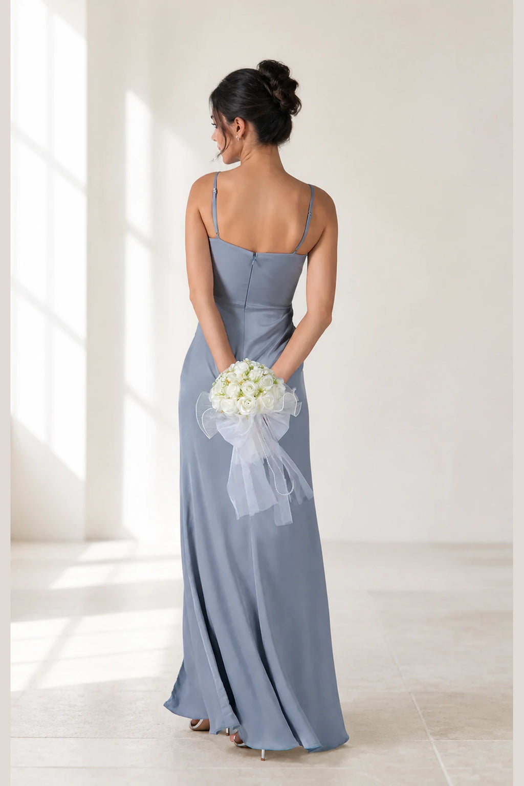 Dusty blue V-neck spaghetti strap long bridesmaid dress with ruched waist, front slit and zip back, front and back view by Vedress
