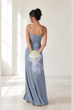 Dusty blue V-neck spaghetti strap long bridesmaid dress with ruched waist, front slit and zip back, front and back view by Vedress