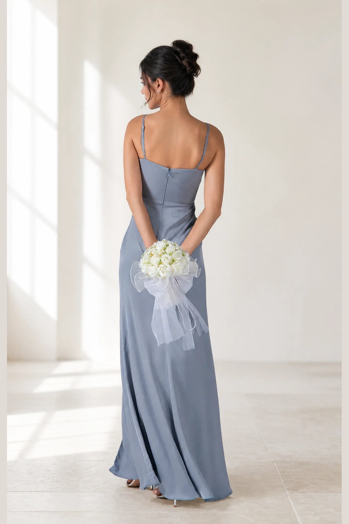 Dusty blue V-neck spaghetti strap long bridesmaid dress with ruched waist, front slit and zip back, front and back view by Vedress