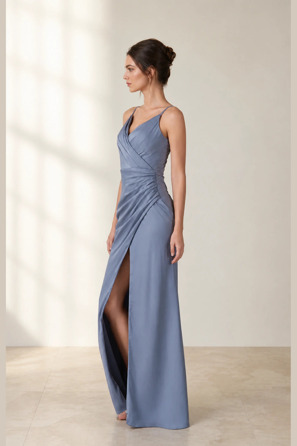Sleek Sheath V-Neck Spaghetti-Strap Zip-Back Long Bridesmaid Dress