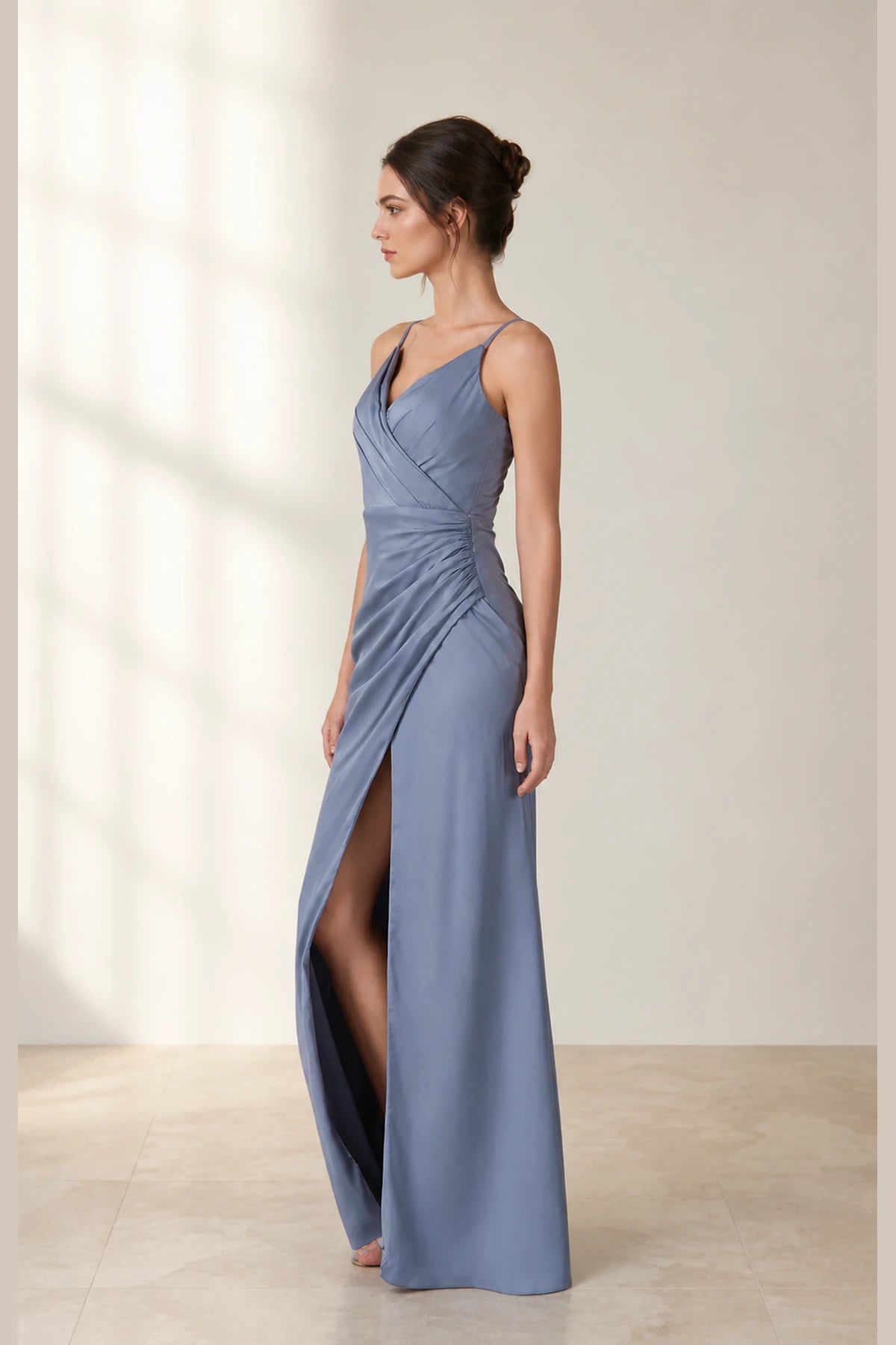 Sleek Sheath V-Neck Spaghetti-Strap Zip-Back Long Bridesmaid Dress