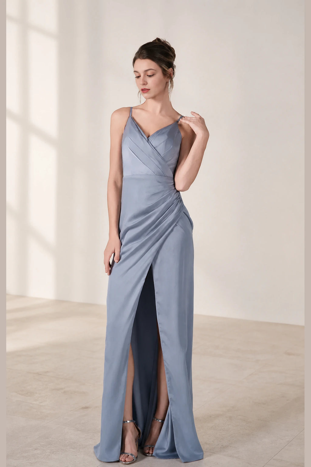 Sleek Sheath V-Neck Spaghetti-Strap Zip-Back Long Bridesmaid Dress