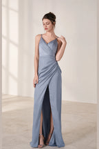 Sleek Sheath V-Neck Spaghetti-Strap Zip-Back Long Bridesmaid Dress