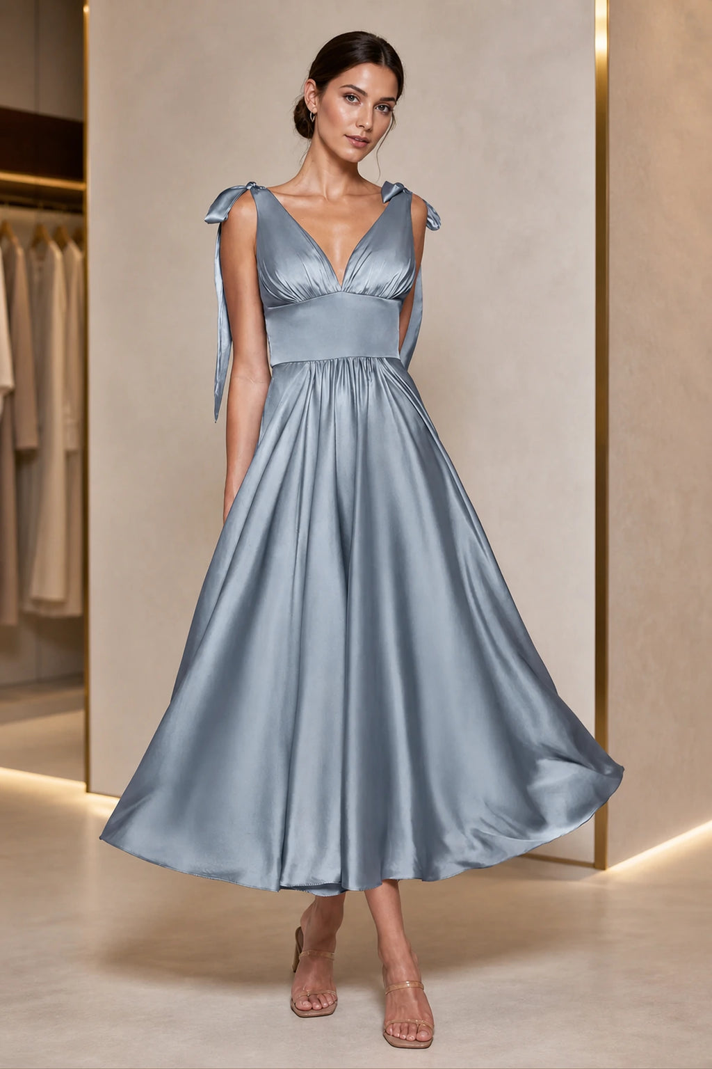 Dusty blue A-line V-neck tie strap midi bridesmaid dress with ruched bodice and low back, front and back view by Vedress