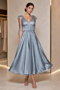 Dusty blue A-line V-neck tie strap midi bridesmaid dress with ruched bodice and low back, front and back view by Vedress