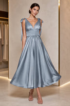 Dusty blue A-line V-neck tie strap midi bridesmaid dress with ruched bodice and low back, front and back view by Vedress