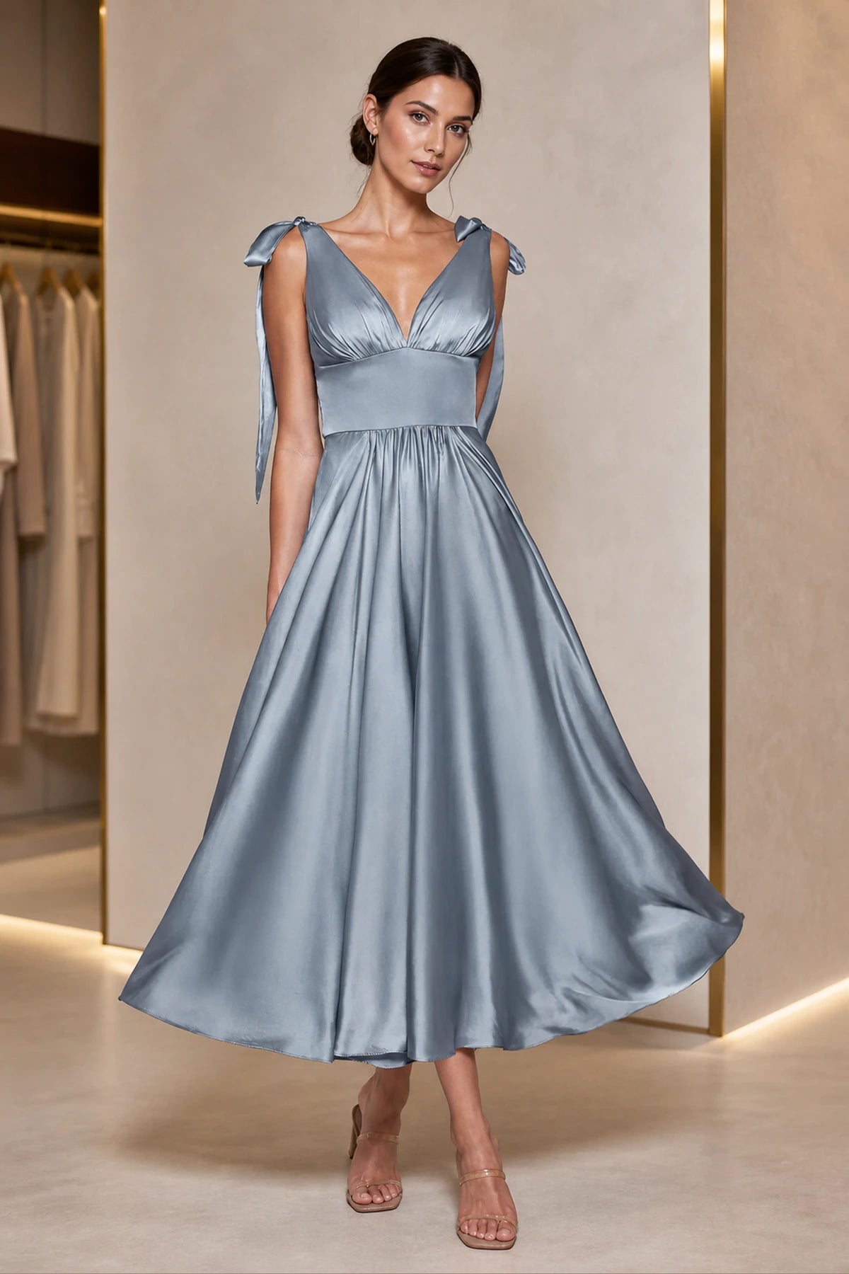 Dusty blue A-line V-neck tie strap midi bridesmaid dress with ruched bodice and low back, front and back view by Vedress