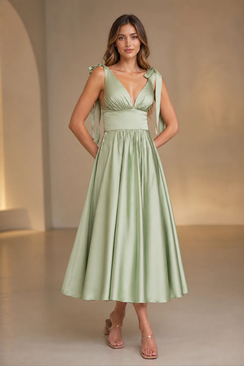 Romantic A-Line V-Neck Tie-Strap Low-Back Midi Bridesmaid Dress