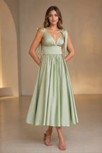 Romantic A-Line V-Neck Tie-Strap Low-Back Midi Bridesmaid Dress