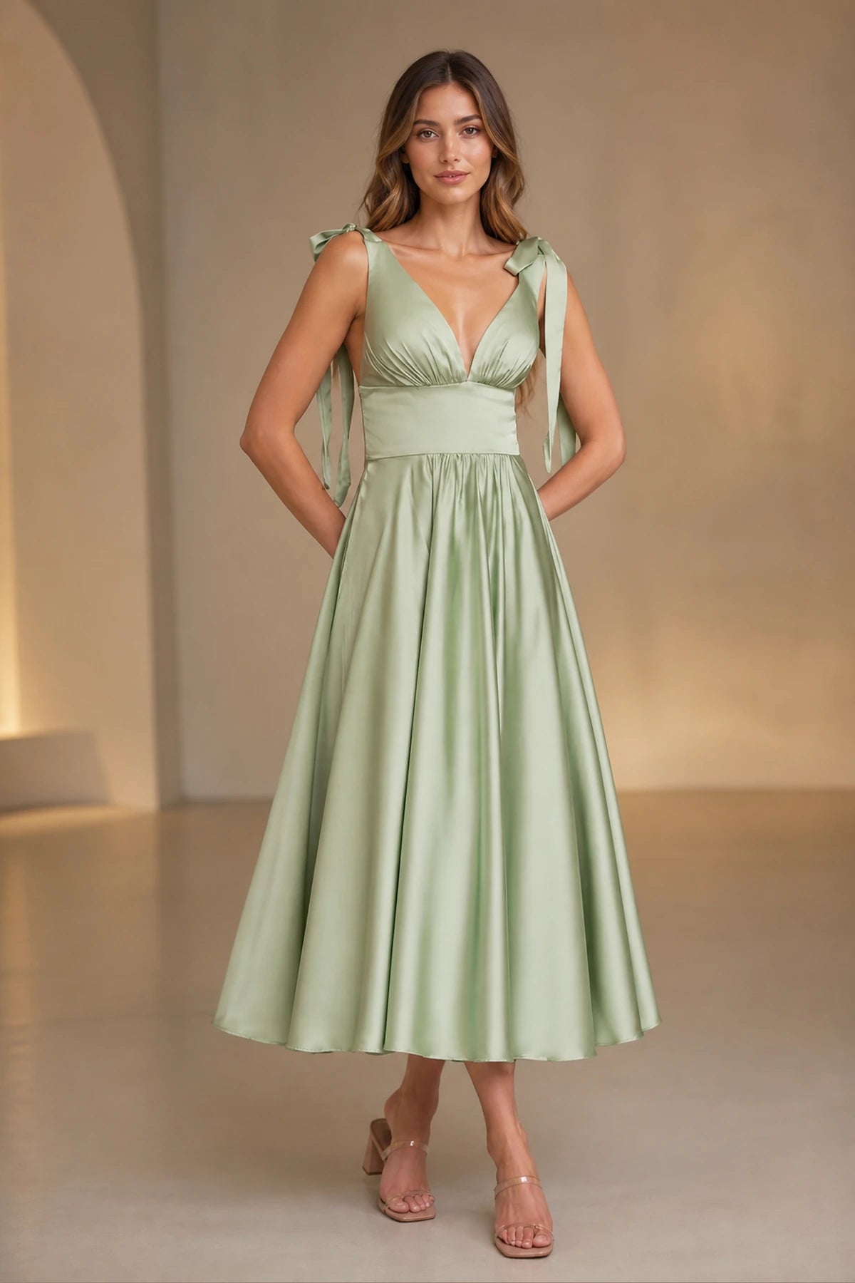 Romantic A-Line V-Neck Tie-Strap Low-Back Midi Bridesmaid Dress