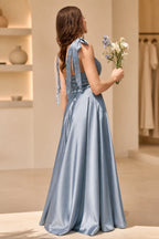 Romantic A-Line V-Neck Tie-Strap Low-Back Midi Bridesmaid Dress