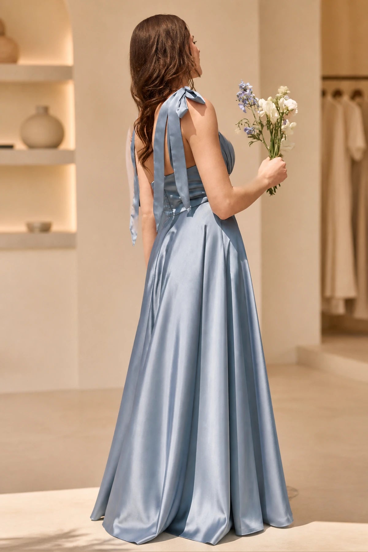 Romantic A-Line V-Neck Tie-Strap Low-Back Midi Bridesmaid Dress